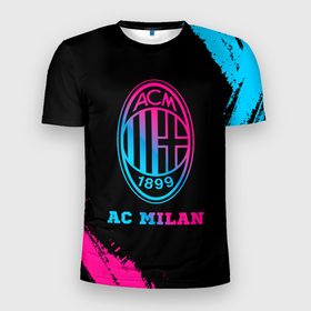 Мужская футболка 3D Slim с принтом AC Milan   neon gradient в Петрозаводске, 100% полиэстер с улучшенными характеристиками | приталенный силуэт, круглая горловина, широкие плечи, сужается к линии бедра | 