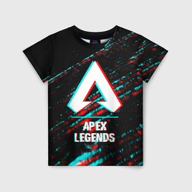 Детская футболка 3D с принтом Apex Legends в стиле glitch и баги графики на темном фоне в Санкт-Петербурге, 100% гипоаллергенный полиэфир | прямой крой, круглый вырез горловины, длина до линии бедер, чуть спущенное плечо, ткань немного тянется | 