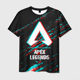 Мужская футболка 3D с принтом Apex Legends в стиле glitch и баги графики на темном фоне в Курске, 100% полиэфир | прямой крой, круглый вырез горловины, длина до линии бедер | 