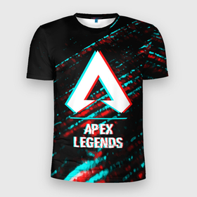 Мужская футболка 3D Slim с принтом Apex Legends в стиле glitch и баги графики на темном фоне в Петрозаводске, 100% полиэстер с улучшенными характеристиками | приталенный силуэт, круглая горловина, широкие плечи, сужается к линии бедра | 