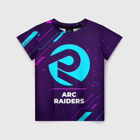 Детская футболка 3D с принтом Символ ARC Raiders в неоновых цветах на темном фоне , 100% гипоаллергенный полиэфир | прямой крой, круглый вырез горловины, длина до линии бедер, чуть спущенное плечо, ткань немного тянется | 