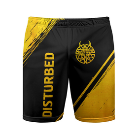Мужские шорты спортивные с принтом Disturbed   gold gradient: символ и надпись вертикально в Кировске,  |  | 