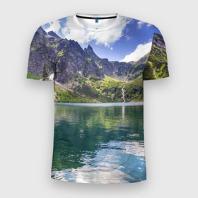Мужская футболка 3D Slim с принтом Прозрачное горное озеро в Новосибирске, 100% полиэстер с улучшенными характеристиками | приталенный силуэт, круглая горловина, широкие плечи, сужается к линии бедра | Тематика изображения на принте: clouds | forest | lake | mountains | nature | sky | stones | summer | горы | камни | лес | лето | небо | облака | озеро | природа