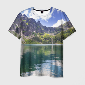 Мужская футболка 3D с принтом Прозрачное горное озеро в Белгороде, 100% полиэфир | прямой крой, круглый вырез горловины, длина до линии бедер | clouds | forest | lake | mountains | nature | sky | stones | summer | горы | камни | лес | лето | небо | облака | озеро | природа