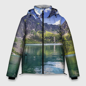 Мужская зимняя куртка 3D с принтом Прозрачное горное озеро в Тюмени, верх — 100% полиэстер; подкладка — 100% полиэстер; утеплитель — 100% полиэстер | длина ниже бедра, свободный силуэт Оверсайз. Есть воротник-стойка, отстегивающийся капюшон и ветрозащитная планка. 

Боковые карманы с листочкой на кнопках и внутренний карман на молнии. | Тематика изображения на принте: clouds | forest | lake | mountains | nature | sky | stones | summer | горы | камни | лес | лето | небо | облака | озеро | природа