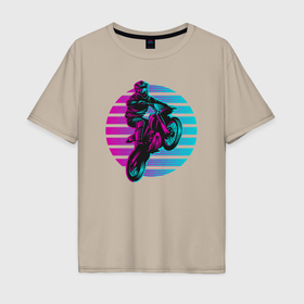 Мужская футболка хлопок Oversize с принтом Мотоциклист  в неоновом цвете в Тюмени, 100% хлопок | свободный крой, круглый ворот, “спинка” длиннее передней части | 