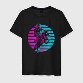 Мужская футболка хлопок с принтом Мотоциклист в неоновом цвете в Кировске, 100% хлопок | прямой крой, круглый вырез горловины, длина до линии бедер, слегка спущенное плечо. | 