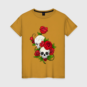 Женская футболка хлопок с принтом Розы окутывают два черепа в Курске, 100% хлопок | прямой крой, круглый вырез горловины, длина до линии бедер, слегка спущенное плечо | 