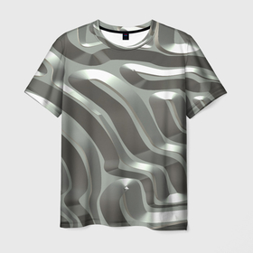Мужская футболка 3D с принтом Графитовая абстракция из объемных блестящих полос в Петрозаводске, 100% полиэфир | прямой крой, круглый вырез горловины, длина до линии бедер | 3д | абстракция | блестящий | графитовый | линии | перламутровый | полосы | серый