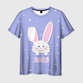 Мужская футболка 3D с принтом Кролик   символ 2023 года в Рязани, 100% полиэфир | прямой крой, круглый вырез горловины, длина до линии бедер | 