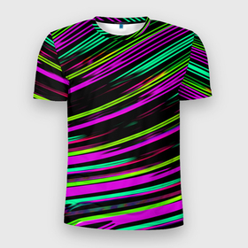 Мужская футболка 3D Slim с принтом Ночь: неоновое свечение в разноцветных полосах в Кировске, 100% полиэстер с улучшенными характеристиками | приталенный силуэт, круглая горловина, широкие плечи, сужается к линии бедра | neon | диагонали | неон | ночь | полосы | разноцветный | свечение