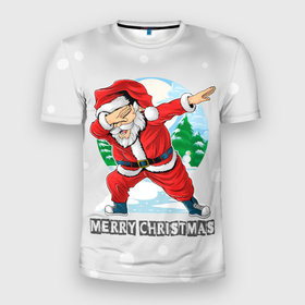 Мужская футболка 3D Slim с принтом Dab Santa Merry Christmas в Санкт-Петербурге, 100% полиэстер с улучшенными характеристиками | приталенный силуэт, круглая горловина, широкие плечи, сужается к линии бедра | Тематика изображения на принте: 