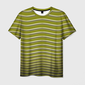 Мужская футболка 3D с принтом Золотые оливковые полосы волны в Петрозаводске, 100% полиэфир | прямой крой, круглый вырез горловины, длина до линии бедер | блестящий | волны | желтый | золотой | оливковый | полосы | симметрия