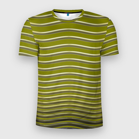 Мужская футболка 3D Slim с принтом Золотые оливковые полосы волны в Екатеринбурге, 100% полиэстер с улучшенными характеристиками | приталенный силуэт, круглая горловина, широкие плечи, сужается к линии бедра | блестящий | волны | желтый | золотой | оливковый | полосы | симметрия