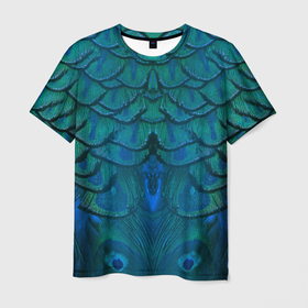 Мужская футболка 3D с принтом Изумрудные перья павлина в Белгороде, 100% полиэфир | прямой крой, круглый вырез горловины, длина до линии бедер | 