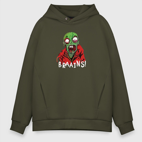 Мужское худи Oversize хлопок с принтом Zombie   BRAAINS в Кировске, френч-терри — 70% хлопок, 30% полиэстер. Мягкий теплый начес внутри —100% хлопок | боковые карманы, эластичные манжеты и нижняя кромка, капюшон на магнитной кнопке | 