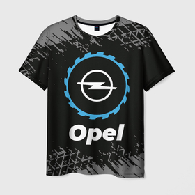 Мужская футболка 3D с принтом Opel в стиле Top Gear со следами шин на фоне в Екатеринбурге, 100% полиэфир | прямой крой, круглый вырез горловины, длина до линии бедер | 