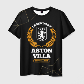 Мужская футболка 3D с принтом Лого Aston Villa и надпись legendary football club на темном фоне в Санкт-Петербурге, 100% полиэфир | прямой крой, круглый вырез горловины, длина до линии бедер | 
