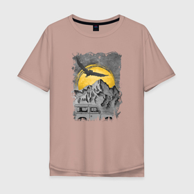 Мужская футболка хлопок Oversize с принтом Бездорожье и сова в Курске, 100% хлопок | свободный крой, круглый ворот, “спинка” длиннее передней части | 