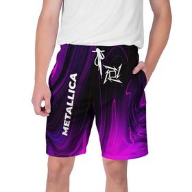Мужские шорты 3D с принтом Metallica violet plasma в Петрозаводске,  полиэстер 100% | прямой крой, два кармана без застежек по бокам. Мягкая трикотажная резинка на поясе, внутри которой широкие завязки. Длина чуть выше колен | 