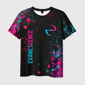 Мужская футболка 3D с принтом Evanescence   neon gradient: символ и надпись вертикально в Петрозаводске, 100% полиэфир | прямой крой, круглый вырез горловины, длина до линии бедер | Тематика изображения на принте: 