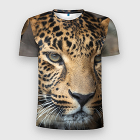 Мужская футболка 3D Slim с принтом Молодой леопард в Курске, 100% полиэстер с улучшенными характеристиками | приталенный силуэт, круглая горловина, широкие плечи, сужается к линии бедра | 