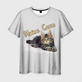 Мужская футболка 3D с принтом Мейн кун котёнок в Петрозаводске, 100% полиэфир | прямой крой, круглый вырез горловины, длина до линии бедер | 