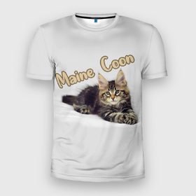 Мужская футболка 3D Slim с принтом Мейн кун котёнок в Тюмени, 100% полиэстер с улучшенными характеристиками | приталенный силуэт, круглая горловина, широкие плечи, сужается к линии бедра | Тематика изображения на принте: 