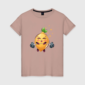 Женская футболка хлопок с принтом лимон поднимает штангу , 100% хлопок | прямой крой, круглый вырез горловины, длина до линии бедер, слегка спущенное плечо | 