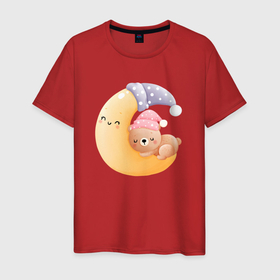 Мужская футболка хлопок с принтом Милый мишка спит на месяце в Курске, 100% хлопок | прямой крой, круглый вырез горловины, длина до линии бедер, слегка спущенное плечо. | 