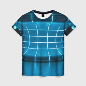 Женская футболка 3D с принтом Абстрактная панель неоновых голубых фонарей в Санкт-Петербурге, 100% полиэфир ( синтетическое хлопкоподобное полотно) | прямой крой, круглый вырез горловины, длина до линии бедер | 