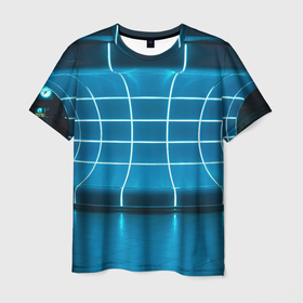 Мужская футболка 3D с принтом Абстрактная панель неоновых голубых фонарей в Тюмени, 100% полиэфир | прямой крой, круглый вырез горловины, длина до линии бедер | 