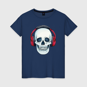 Женская футболка хлопок с принтом Череп в наушниках обожает музыку в Белгороде, 100% хлопок | прямой крой, круглый вырез горловины, длина до линии бедер, слегка спущенное плечо | 