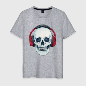 Мужская футболка хлопок с принтом Череп в наушниках обожает музыку в Тюмени, 100% хлопок | прямой крой, круглый вырез горловины, длина до линии бедер, слегка спущенное плечо. | 