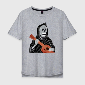 Мужская футболка хлопок Oversize с принтом Череп в плаще играет на гитаре в Санкт-Петербурге, 100% хлопок | свободный крой, круглый ворот, “спинка” длиннее передней части | 