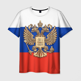 Мужская футболка 3D с принтом Герб России на фоне флага в Курске, 100% полиэфир | прямой крой, круглый вырез горловины, длина до линии бедер | 