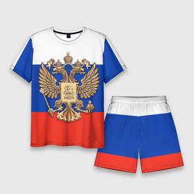 Мужской костюм с шортами 3D с принтом Герб России на фоне флага ,  |  | 