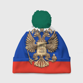 Шапка 3D c помпоном с принтом Герб России на фоне флага , 100% полиэстер | универсальный размер, печать по всей поверхности изделия | 