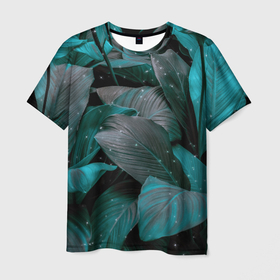 Мужская футболка 3D с принтом Бирюзовые листья и огоньки в Екатеринбурге, 100% полиэфир | прямой крой, круглый вырез горловины, длина до линии бедер | 
