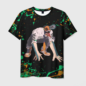 Мужская футболка 3D с принтом Дэндзи на корточках , 100% полиэфир | прямой крой, круглый вырез горловины, длина до линии бедер | anime | chainsaw man | denji | аниме | анимэ | дэндзи | человек бензопила