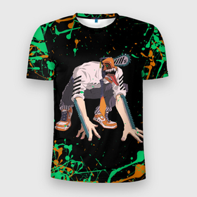 Мужская футболка 3D Slim с принтом Дэндзи на корточках в Екатеринбурге, 100% полиэстер с улучшенными характеристиками | приталенный силуэт, круглая горловина, широкие плечи, сужается к линии бедра | anime | chainsaw man | denji | аниме | анимэ | дэндзи | человек бензопила