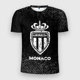 Мужская футболка 3D Slim с принтом Monaco с потертостями на темном фоне в Новосибирске, 100% полиэстер с улучшенными характеристиками | приталенный силуэт, круглая горловина, широкие плечи, сужается к линии бедра | 