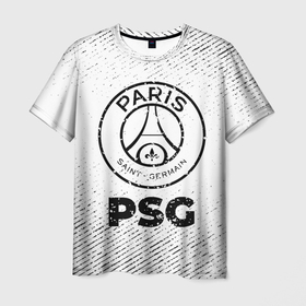 Мужская футболка 3D с принтом PSG с потертостями на светлом фоне в городе Новоалтайск, 100% полиэфир | прямой крой, круглый вырез горловины, длина до линии бедер | 