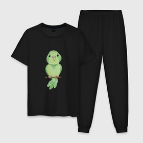 Мужская пижама хлопок с принтом Зелёная птица , 100% хлопок | брюки и футболка прямого кроя, без карманов, на брюках мягкая резинка на поясе и по низу штанин
 | Тематика изображения на принте: зелёный | клюв | перья | попугай | птица