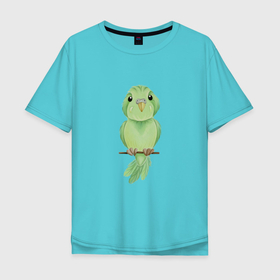 Мужская футболка хлопок Oversize с принтом Зелёная птица в Белгороде, 100% хлопок | свободный крой, круглый ворот, “спинка” длиннее передней части | зелёный | клюв | перья | попугай | птица