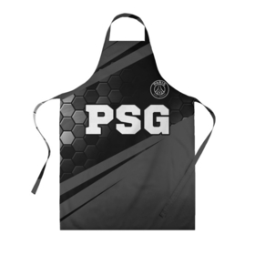 Фартук 3D с принтом PSG sport на темном фоне: символ сверху в городе Новоалтайск, 100% полиэстер | общий размер — 65 х 85 см, ширина нагрудника — 26 см, горловина — 53 см, длина завязок — 54 см, общий обхват в поясе — 173 см. Принт на завязках и на горловине наносится с двух сторон, на основной части фартука — только с внешней стороны | 