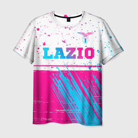 Мужская футболка 3D с принтом Lazio neon gradient style: символ сверху , 100% полиэфир | прямой крой, круглый вырез горловины, длина до линии бедер | 