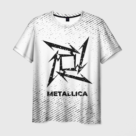 Мужская футболка 3D с принтом Metallica с потертостями на светлом фоне в Тюмени, 100% полиэфир | прямой крой, круглый вырез горловины, длина до линии бедер | 