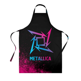 Фартук 3D с принтом Metallica   neon gradient в Екатеринбурге, 100% полиэстер | общий размер — 65 х 85 см, ширина нагрудника — 26 см, горловина — 53 см, длина завязок — 54 см, общий обхват в поясе — 173 см. Принт на завязках и на горловине наносится с двух сторон, на основной части фартука — только с внешней стороны | 