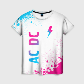 Женская футболка 3D с принтом AC DC neon gradient style: символ и надпись вертикально , 100% полиэфир ( синтетическое хлопкоподобное полотно) | прямой крой, круглый вырез горловины, длина до линии бедер | 